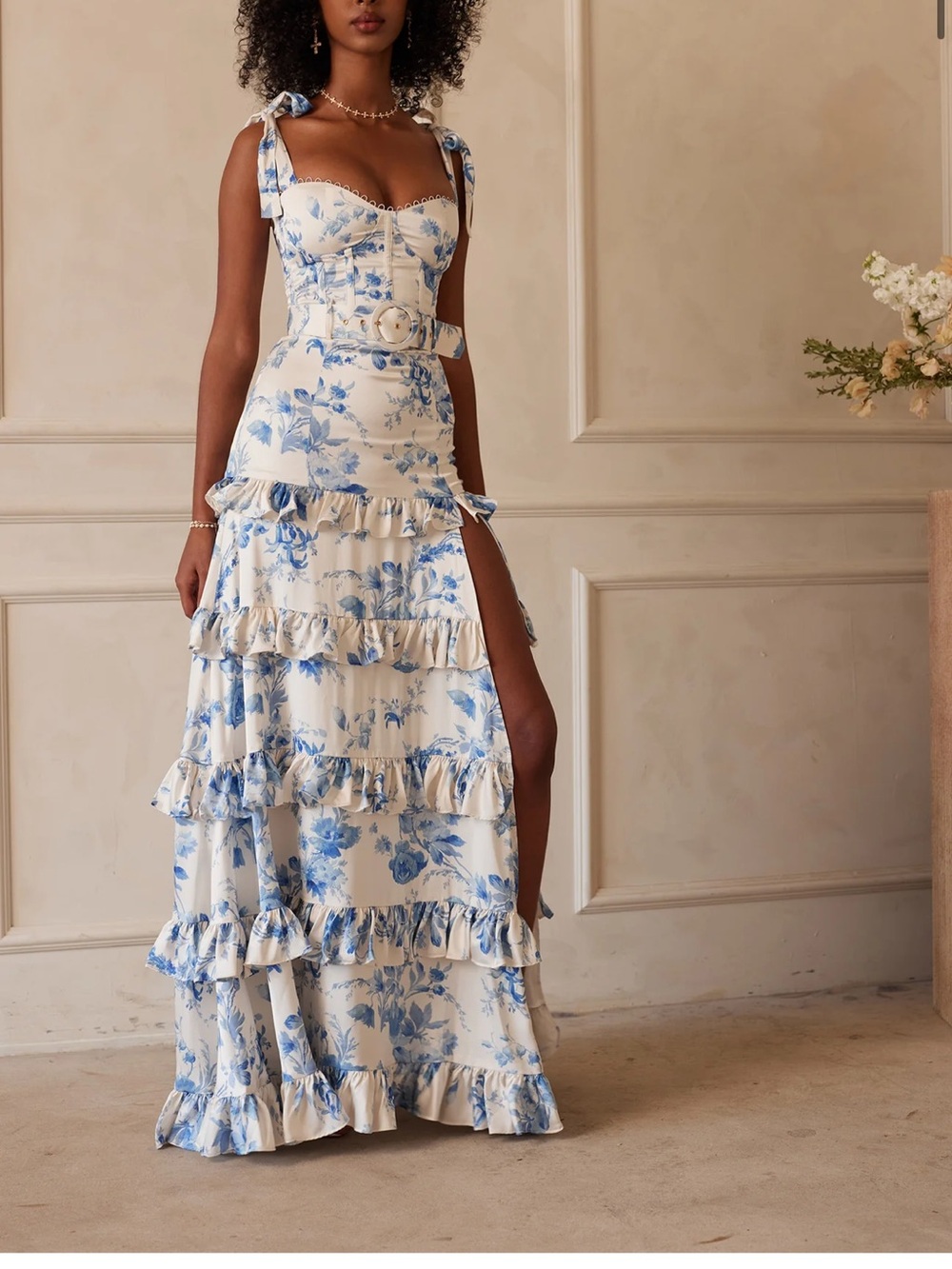 V. Chapman Blue & White Floral Ruffle Maxi Dress with Belt